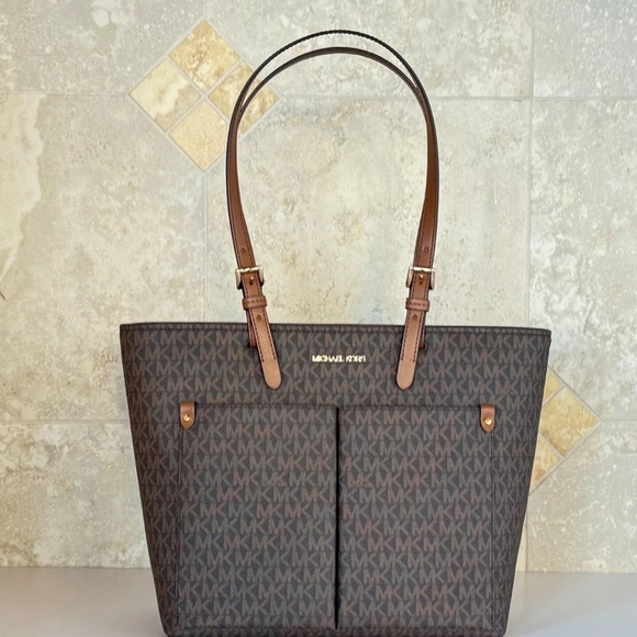 MICHAEL KORS JET SET TRAVEL MEDIUM DOUBLE POCKET TOTE SHOULDER BAG MK BROWN - Picture 3 of 6